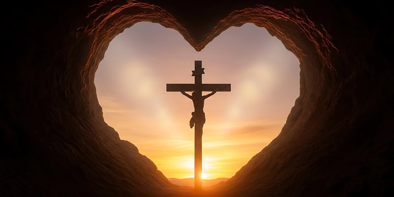 Ostersonntag-Symbolik: Jesus Christus’ Kreuzigung am Kreuz unter einem herzförmigen Torbogen bei einem lebhaften Sonnenuntergang.