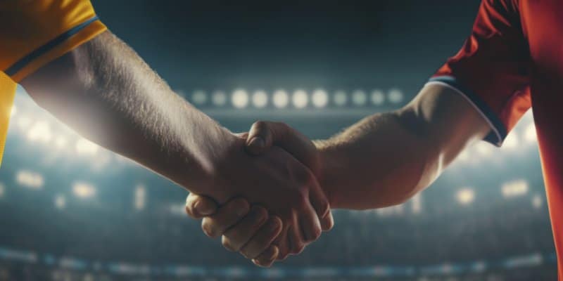 Händedruck zwischen rivalisierenden Fußballspielern auf dem Spielfeld unter hellem Stadionlicht