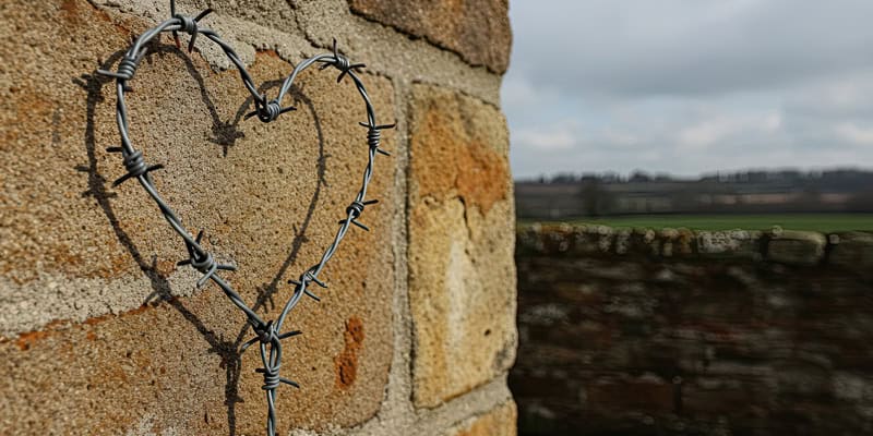 Stacheldraht-Herz an einer Steinmauer – ein eindringliches Symbol des Erinnerns.