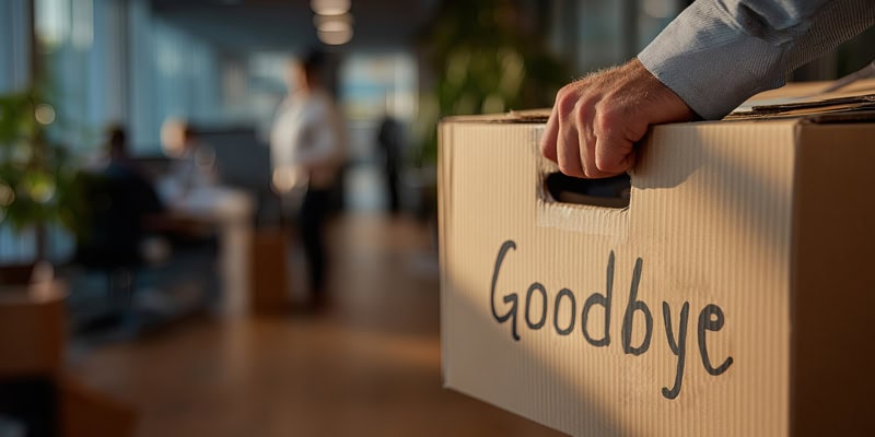 Eine Person trägt einen Karton mit der Aufschrift ‚Abschied‘