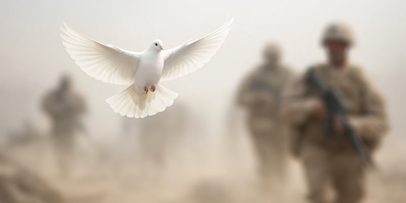 Taube des Friedens zwischen Soldaten: Ein Symbol der Hoffnung, eine weiße Taube schwebt anmutig zwischen einer Gruppe von Soldaten in einer Wüstenlandschaft und vermittelt eine kraftvolle Botschaft des Friedens in Zeiten des Konflikts.